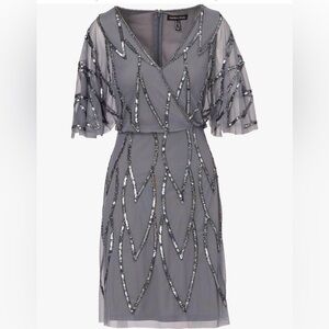 Embellish Bead Mesh Wrap Dress Adrianna Papell Dusty Blue Women’s Size 10 NWT